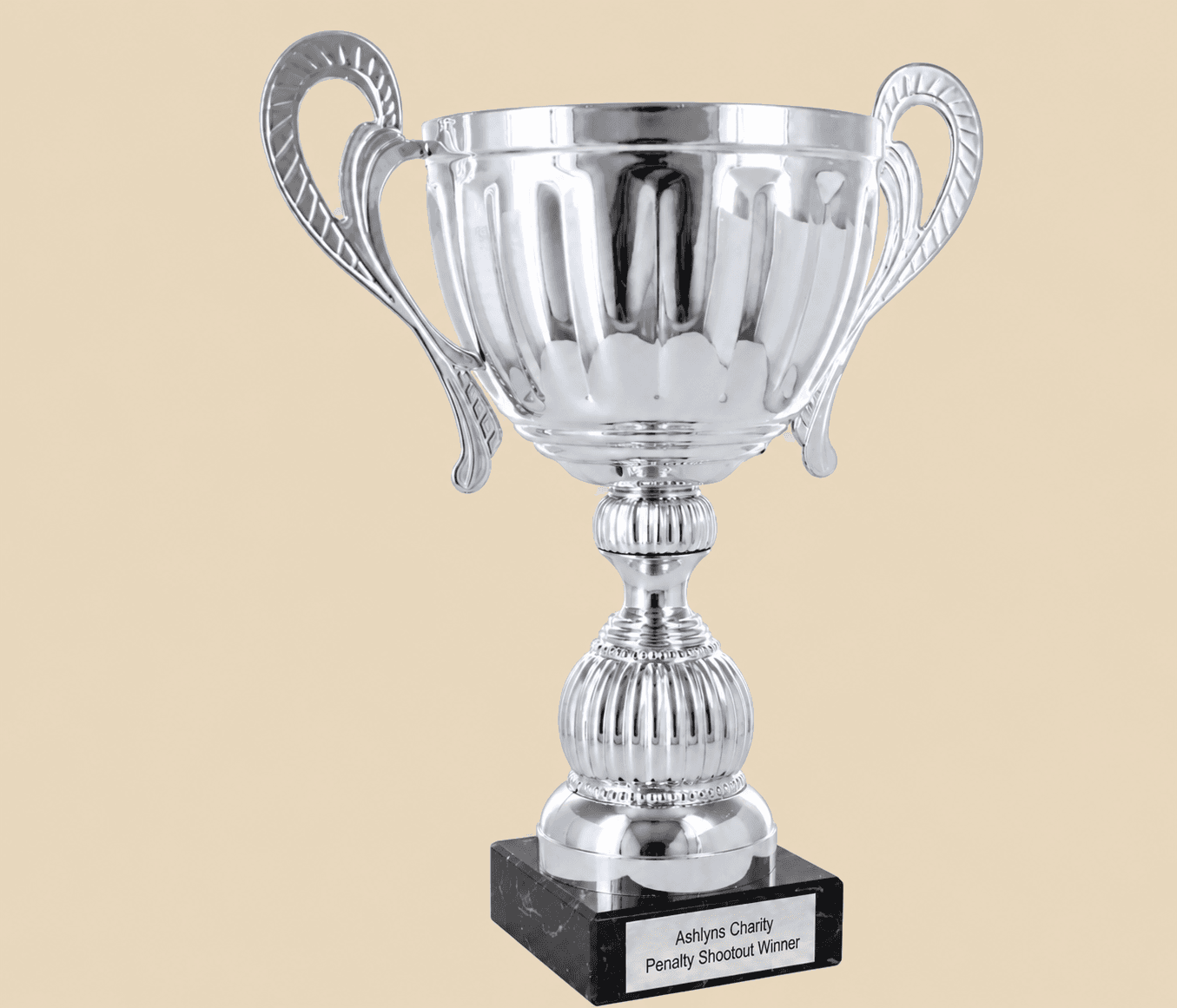 Silver trophy with two handles on a black marble-effect base.